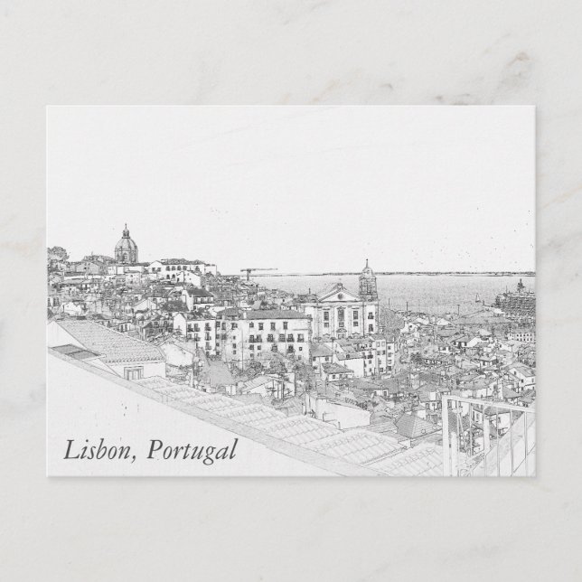 Zeichn des Bezirks Alfama in Lissabon Postkarte (Vorderseite)
