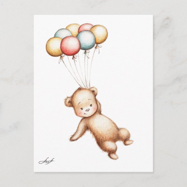 Zeichn des Teddybären mit Ballons Postkarte (Vorderseite)