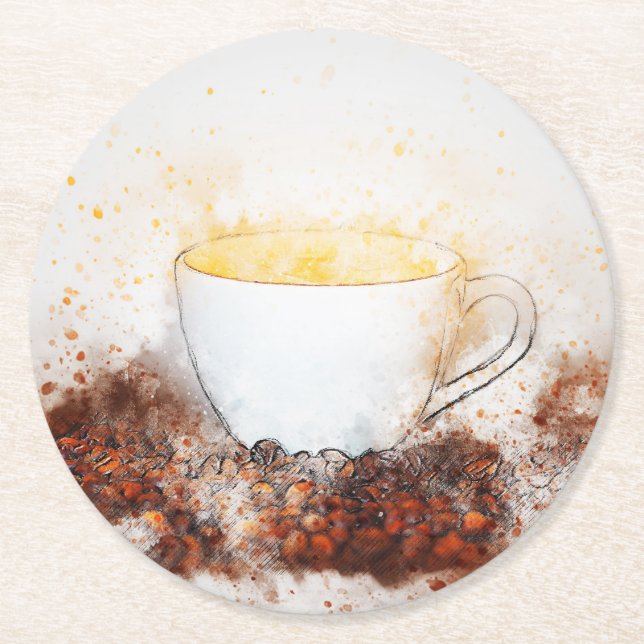 Zeichn einer Kaffeepause unter den Kaffeebohnen Runder Pappuntersetzer (Vorderseite)