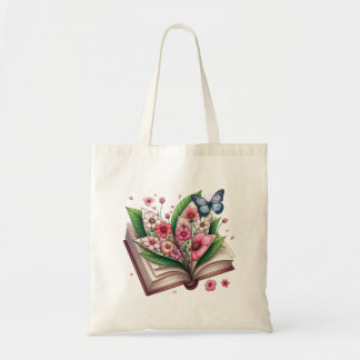 Zeichn eines offenen Buches mit Blume Tragetasche