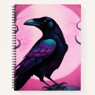 Zeichn eines Raben auf neonrosa Hintergrund Notizbuch