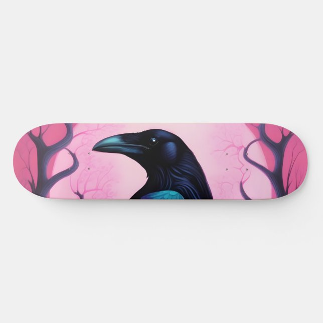 Zeichn eines Raben auf neonrosa Hintergrund Skateboard (Horizontal)