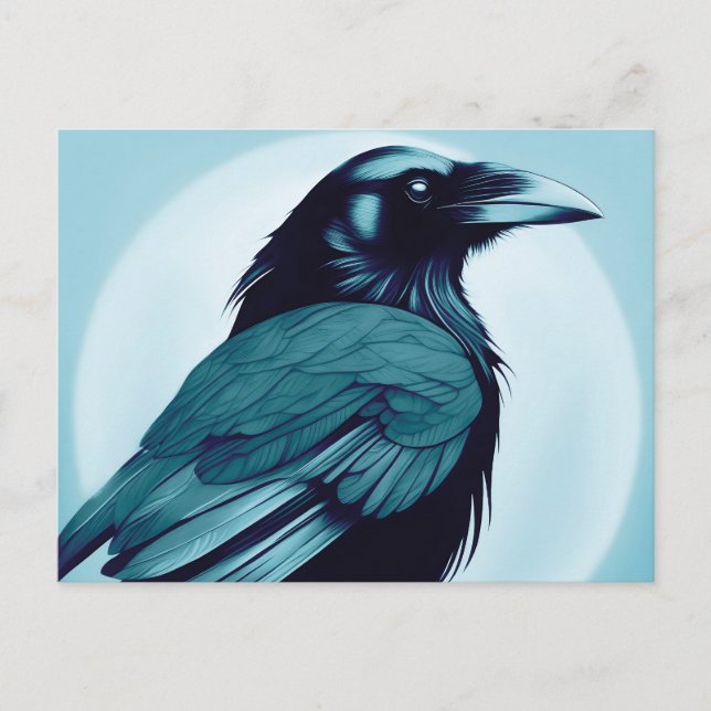 Zeichn eines schwarzen Rabe auf hellblau Postkarte (Vorderseite)