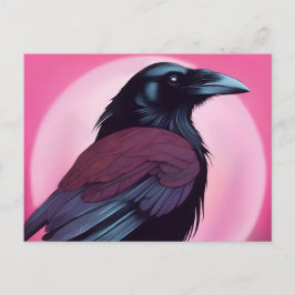 Zeichn eines schwarzen Rabe auf Neonrosa Postkarte