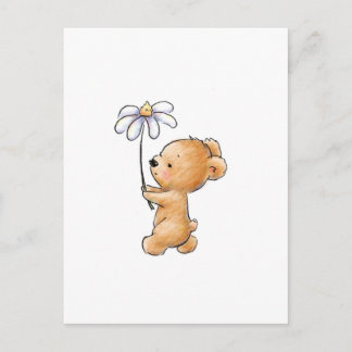 Zeichn eines Teddybären, der mit Blume läuft Postkarte