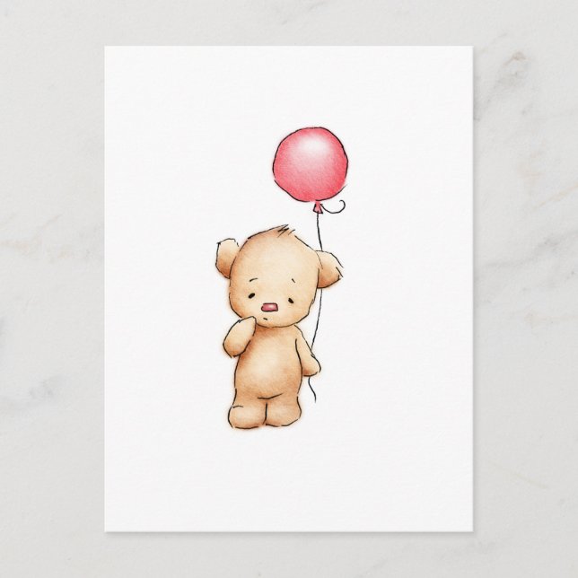 Zeichn eines Teddybären mit rotem Ballon Postkarte (Vorderseite)