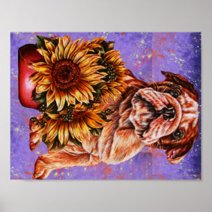Zeichn von Bulldog-Sonnenblumen auf Lila Paint Poster