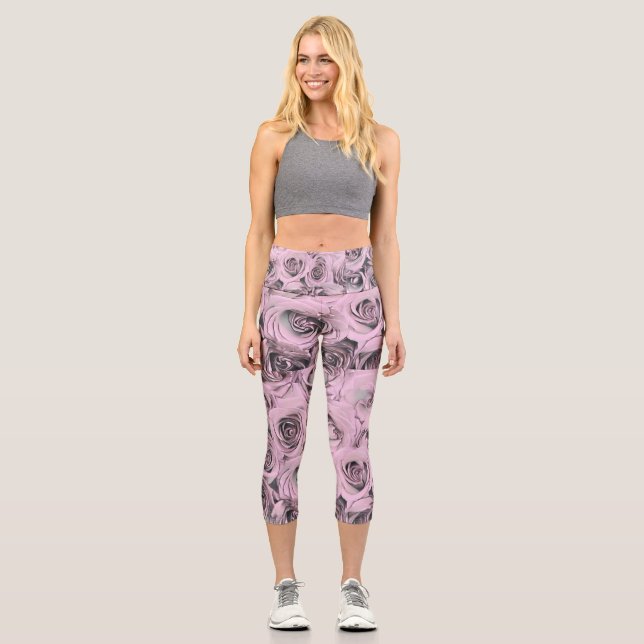 Zeichn von rosa Rosen Capri Leggings (Vorderseite)