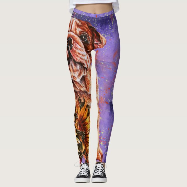 Zeichnen der Bulldoggen-und Sonnenblume-Hundekunst Leggings (Vorderseite)