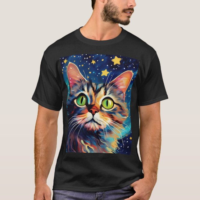 Zeichnen einer Katze mit grünen Augen mit Sternen T-Shirt (Vorderseite)