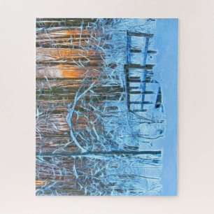 Zeichnen einer Winterlandschaft am Sonnenuntergang Puzzle