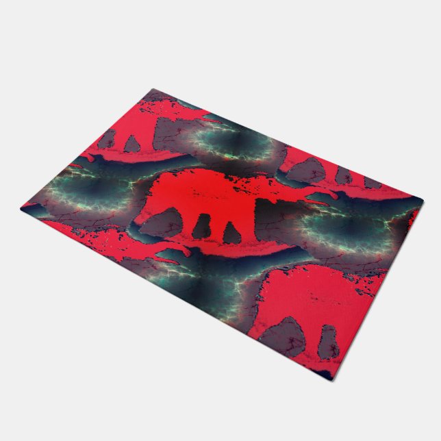 zeichnend abstrakter roter Elefant, sehr rustikale Fußmatte (Schrägansicht)