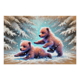 Zeichnend Bärenjungen in der Schneefälle Poster