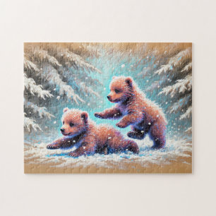 Zeichnend Bärenjungen in der Schneefälle Puzzle