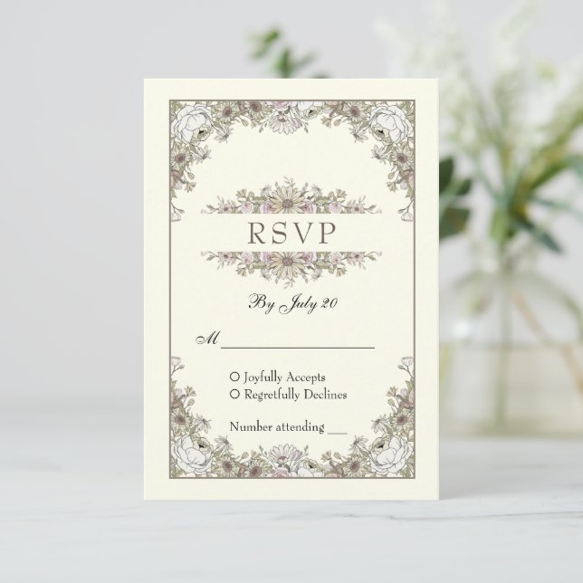 Zeichnend Blume Elfenbein romantische Hochzeitskar RSVP Karte (Stehend Vorderseite)