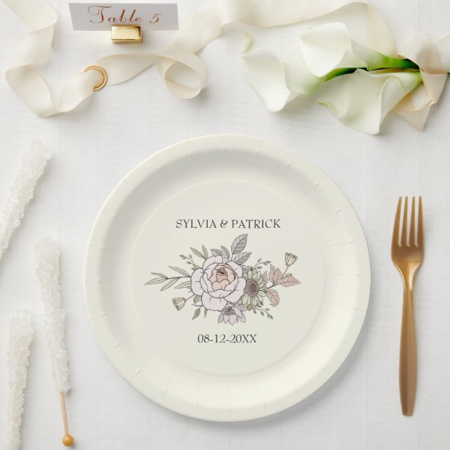 Zeichnend Blume Elfenbeinromantik Pappteller (Hochzeit)