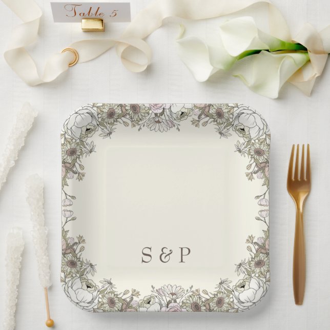 Zeichnend Blume Elfenbeinromantik Pappteller (Hochzeit)