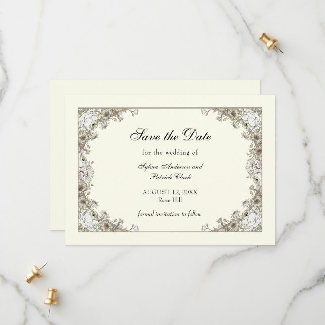 Zeichnend Blume Elfenbeinromantik Save The Date (Vorderseite/Rückseite Beispiel)