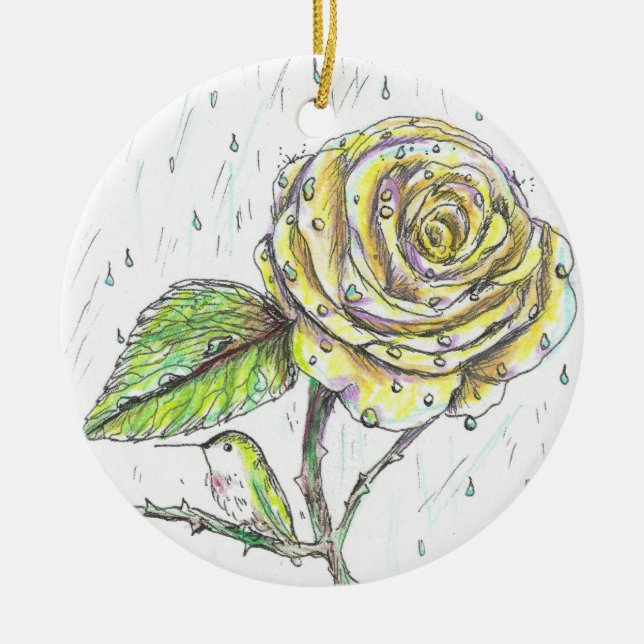 Zeichnend Hummingvogel und Rose im Regen Keramik Ornament (Vorne)