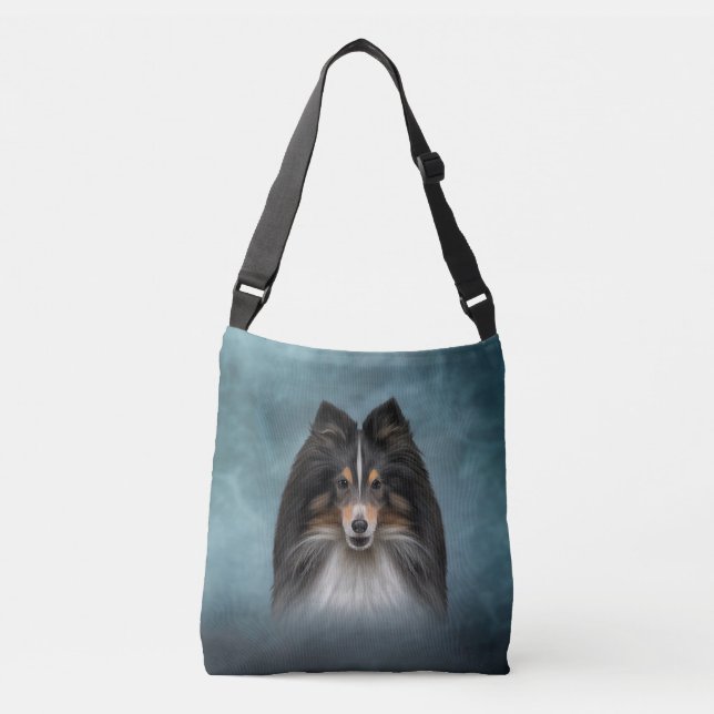 Zeichnend Hund Shetland Sheepdog, Sheltie Tragetaschen Mit Langen Trägern (Vorderseite)