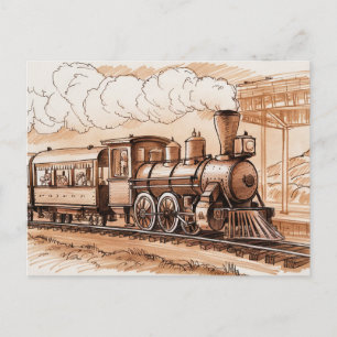 Zeichnung einer alten Dampflokomotive Postkarte