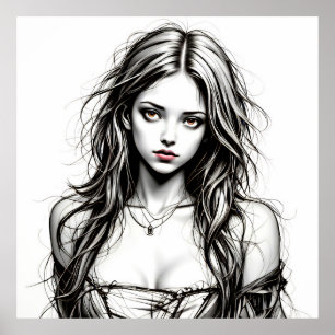 Zeichnung einer jungen Grunge-Frau. Poster