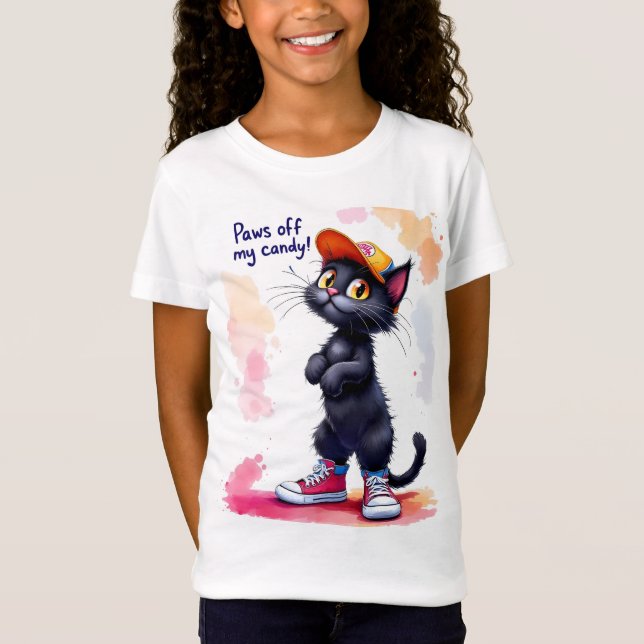 Zeig mir die Süßigkeiten ab! Schwarze Katze in Sne T-Shirt (Vorderseite)