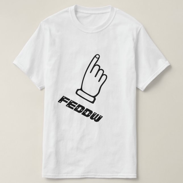 Zeige mit dem Finger auf den Textfedw T-Shirt (Design vorne)