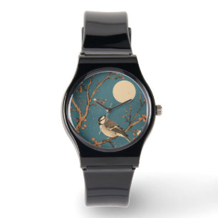 Zeige Moonlit Bird auf dem Blütenzweig Armbanduhr