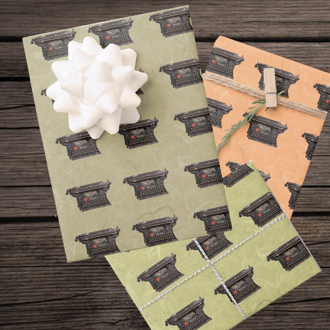 Zeilen Vintage Schwarze-Handbücher Geschenkpapier Set (rows of black manual vintage typewriters on marbled look tan, green, peach sheets of gift wrap paper)