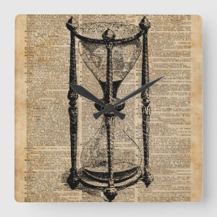Zeit,antike Sanduhr,Sandglas Vintage Buchseite Quadratische Wanduhr