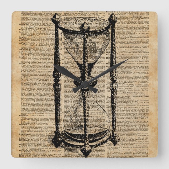 Zeit, antikes Hourglass, Sandglas Vintage Buchseit Quadratische Wanduhr (Vorderseite)