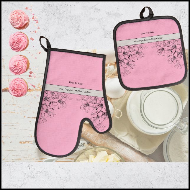 Zeit, das Set des rosa und schwarz-ofen Mitts zu b (Von Creator hochgeladen)