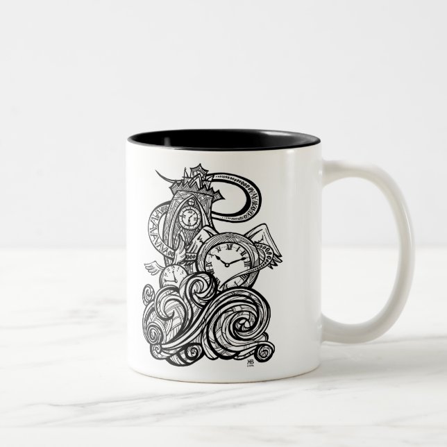 Zeit fliegt verwickelte Glockenturmillustration Zweifarbige Tasse (Rechts)