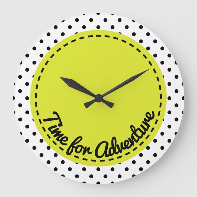 "Zeit für Abenteuer" Dots Black & White Clock Große Wanduhr (Vorderseite)