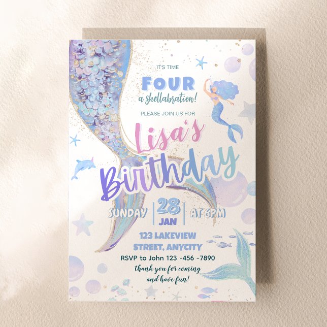 Zeit für eine Shellabration Meerjungfrau 4. Geburt Einladung (Time FOUR A Shellabration Mermaid 4th Birthday Gir Invitation)