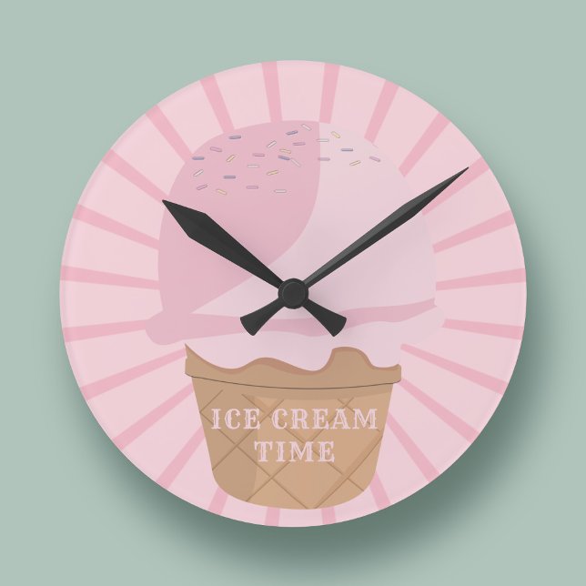 Zeit für Eiscreme Pink Kitchenette Uhr (It's always time for ice cream! A cute pink clock with text you can customize)