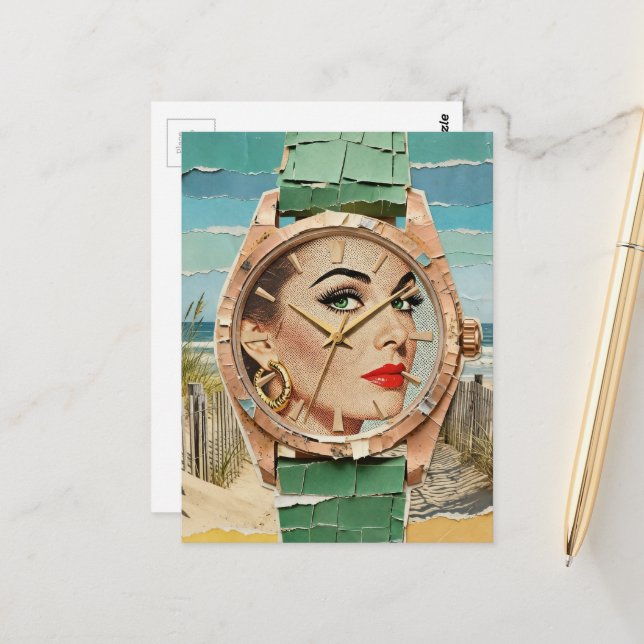 Zeit für Mode Surreal Lady Collage  Postkarte (Vorderseite/Rückseite Beispiel)