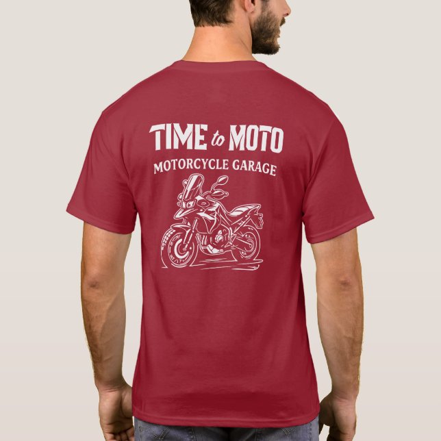 Zeit für Moto-Abenteuer Motorrad-Garagen-T-Shirt T-Shirt (Rückseite)