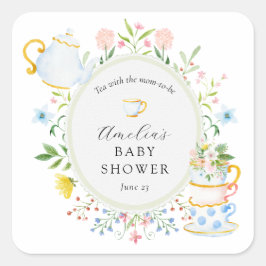 Zeit für Tea Baby Shower Wildblume Quadratischer Aufkleber