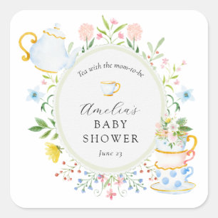 Zeit für Tea Baby Shower Wildblume Quadratischer Aufkleber