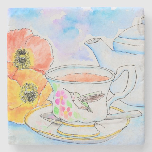 Zeit für Tea Watercolor-Malerei Steinuntersetzer (Vorderseite)