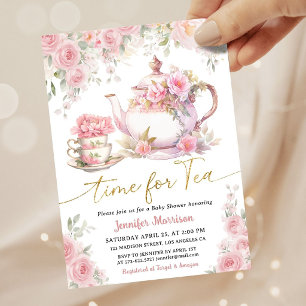 Zeit für Tee Baby Shower Mädchen Gold Rosa Floral Einladung