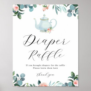 Zeit für Tee Blue Floral Diaper Raffle Sign Poster