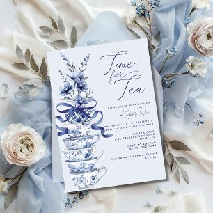 Zeit für Tee Chinoiserie Blaue Schleife Brautparty Einladung