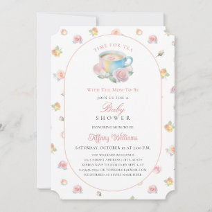 Zeit für Tee Elegante Rosa Florale Babyparty Einladung
