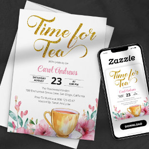 Zeit für Tee Wasserfarben Gold Glitzer Brautparty Einladung