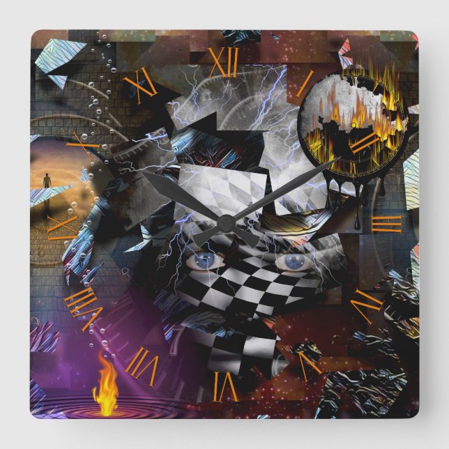 Zeit und Vorstellungskraft Quadratische Wanduhr (Vorderseite)