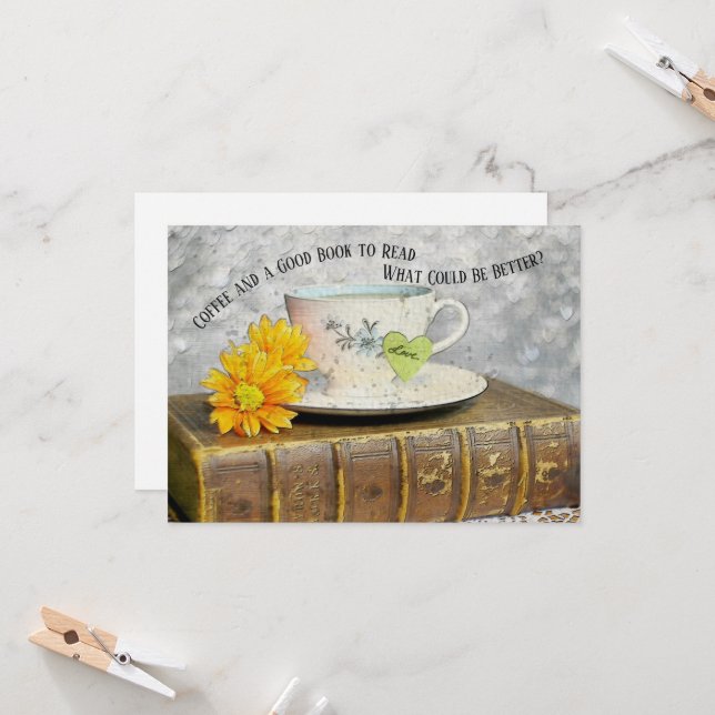 Zeit von Urlaub Kaffee und ein gutes Buch zu lesen Karte (Vorderseite/Rückseite Beispiel)