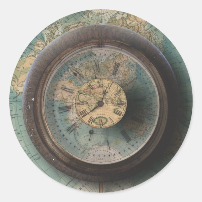 Zeit World Map Steampunk Uhren Runder Aufkleber (Vorderseite)